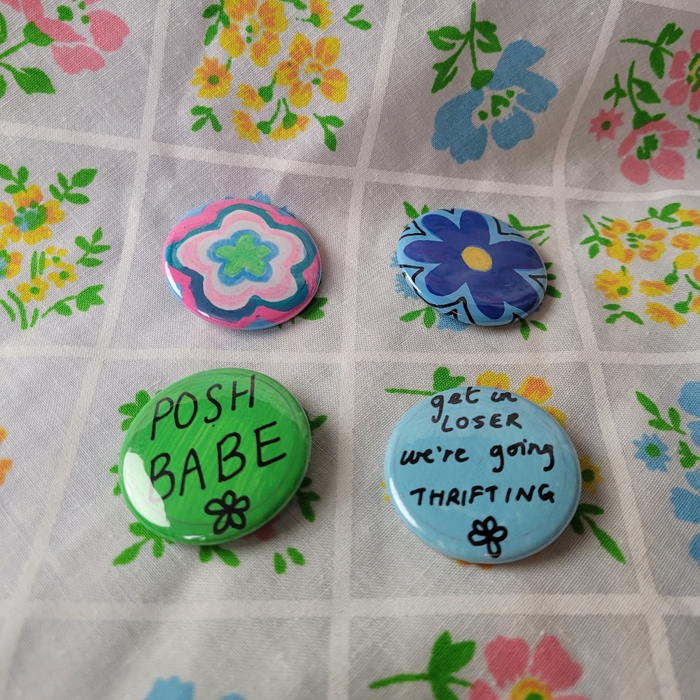 Groovy handmade thrifting pin button set of 4